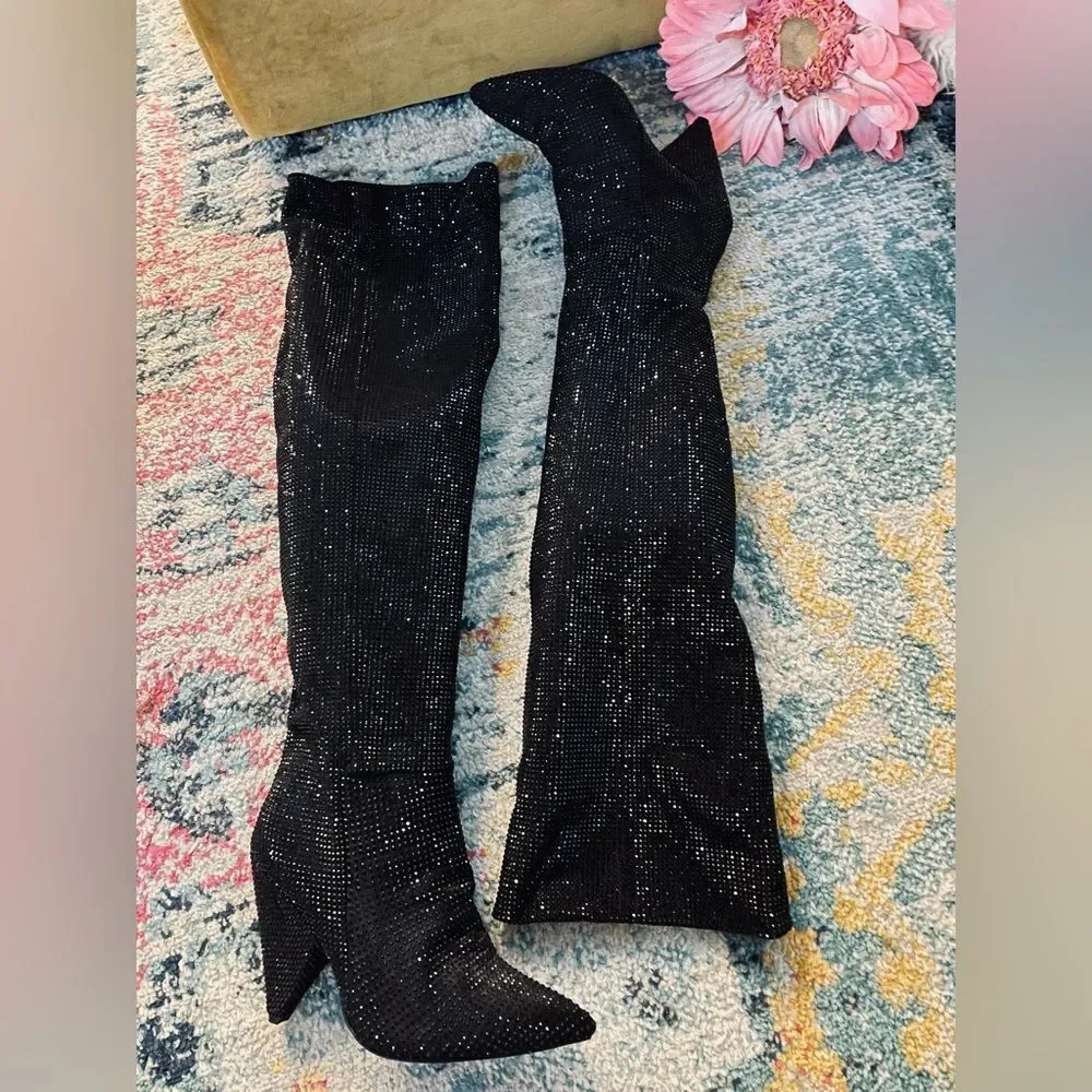 Black Rhinestone Over The Knee Thigh High Pull On Boots Triangle Heel 10
